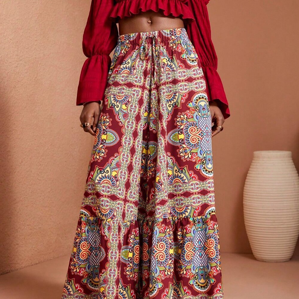 Multicolor Boho Women's All-Over Print High Waist Wide-Leg Hem Pants - Picture 3 of 6
